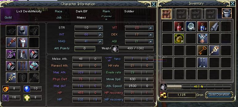 Character customization and stats, you get 4 points per lvl<br />Inventory window on the right